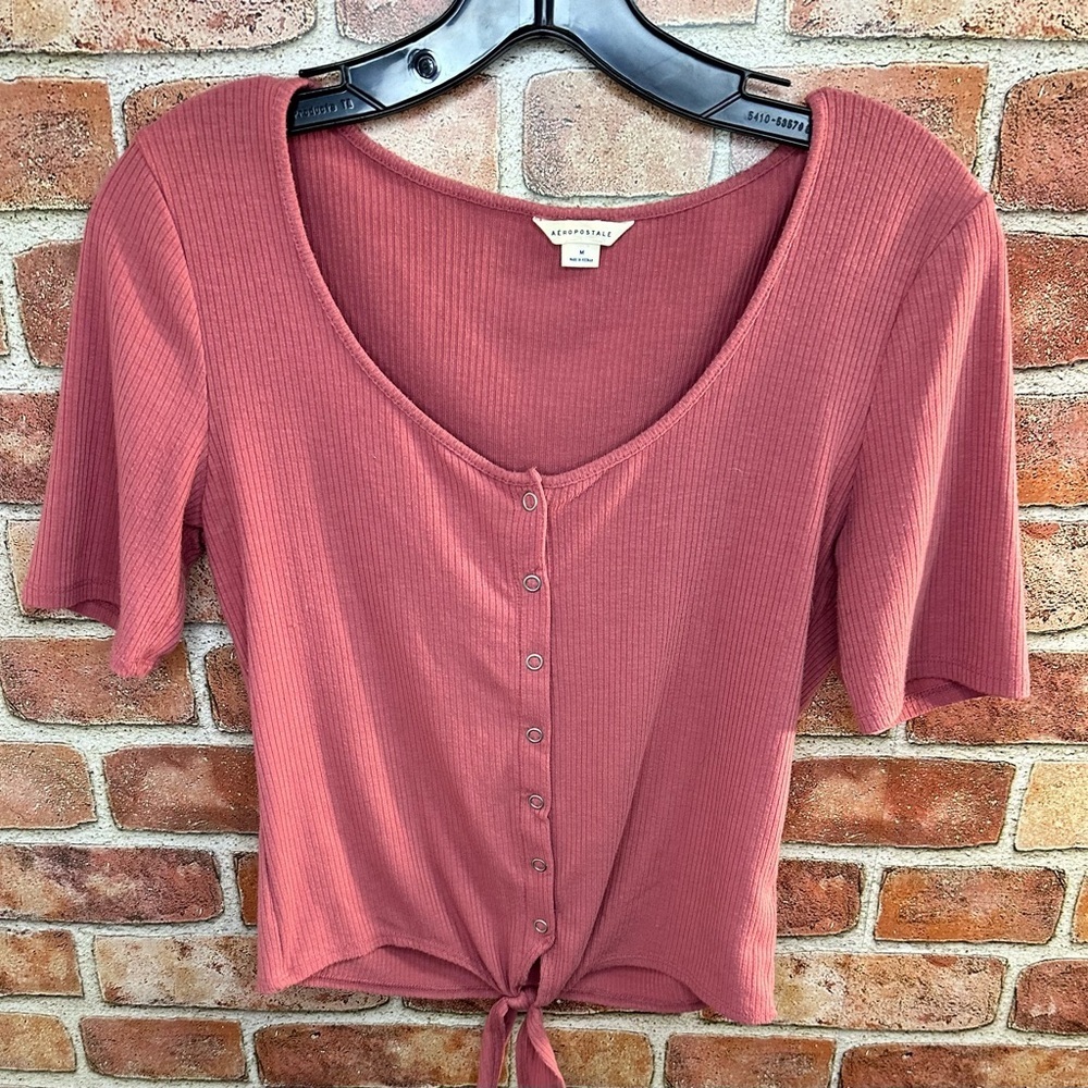 Aeropostale dusty rose/dark pink ribbed Tie front retro 90’s y2k snap Crop Top